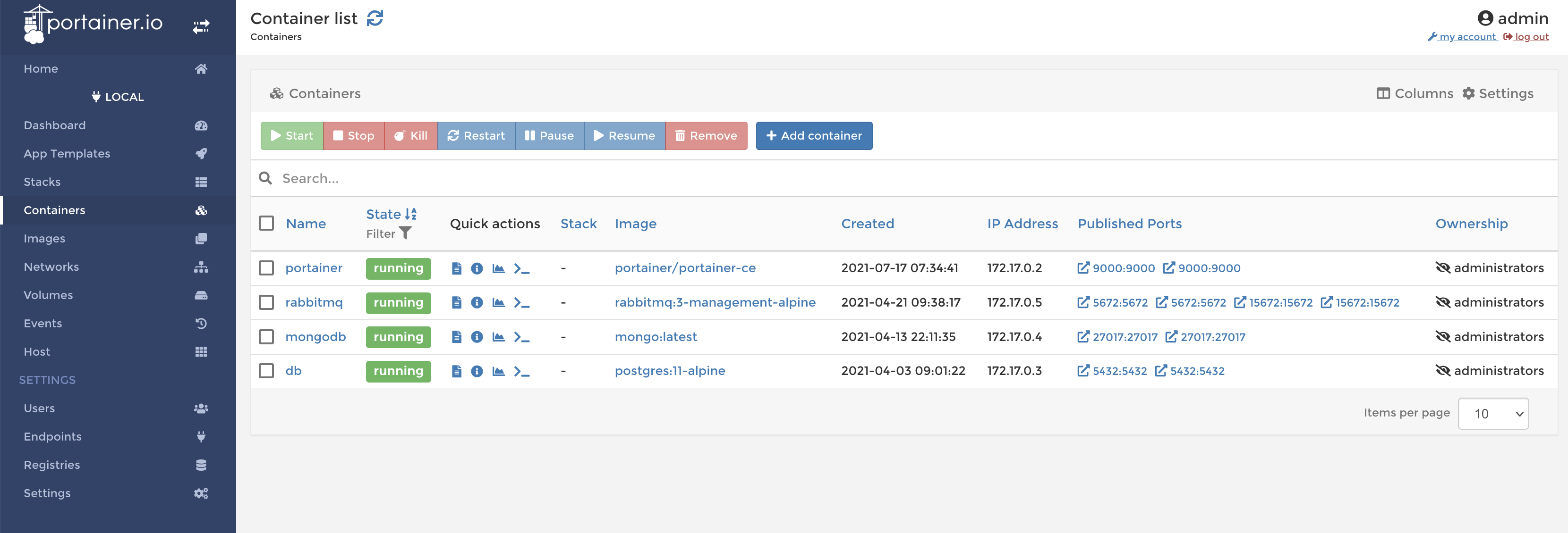 Portainer's initial page with the existing containers